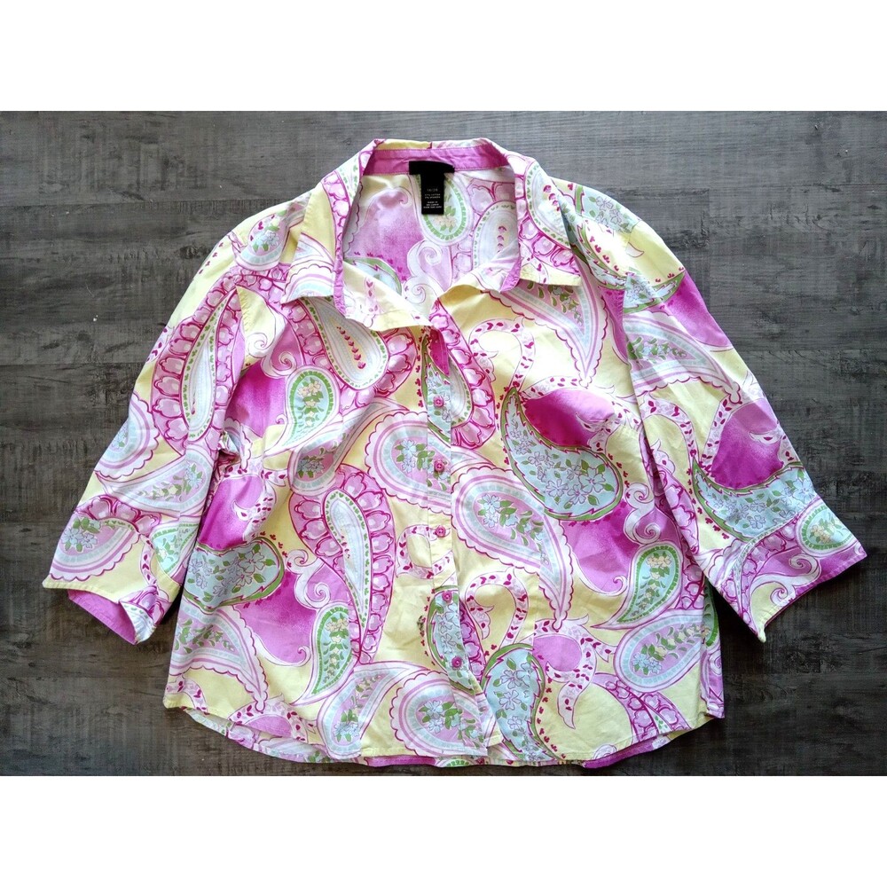 Lane Bryant Size 18/20 Pink Purple Yellow Paisley Button Down Blouse 97% Cotton